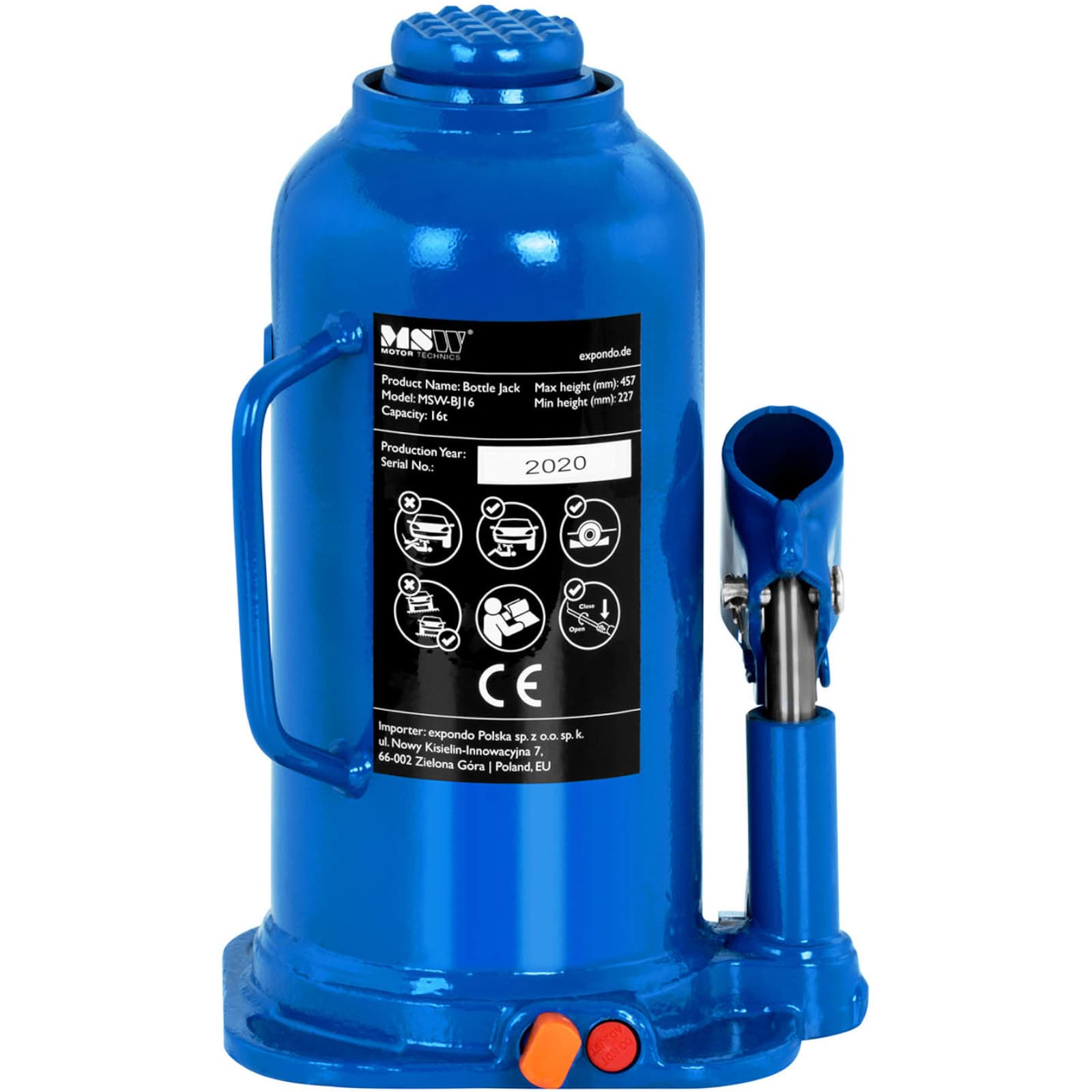 Podnośnik lewarek hydrauliczny słupkowy butelkowy 227 - 457 mm 16 t